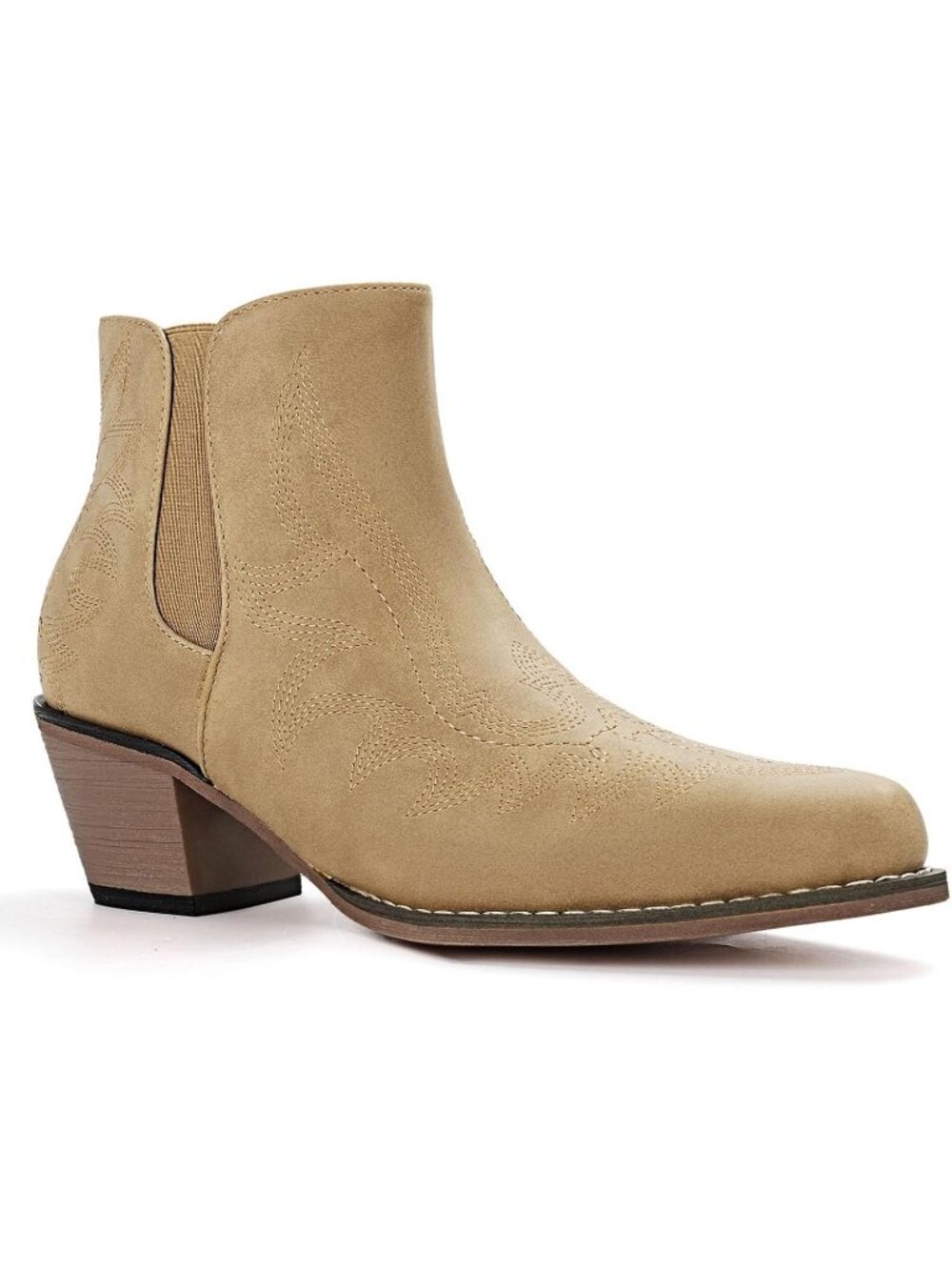 Women's Tan Faux Leather Cowboy Ankle Boots Snip Toe Embroidered Chunky Heels